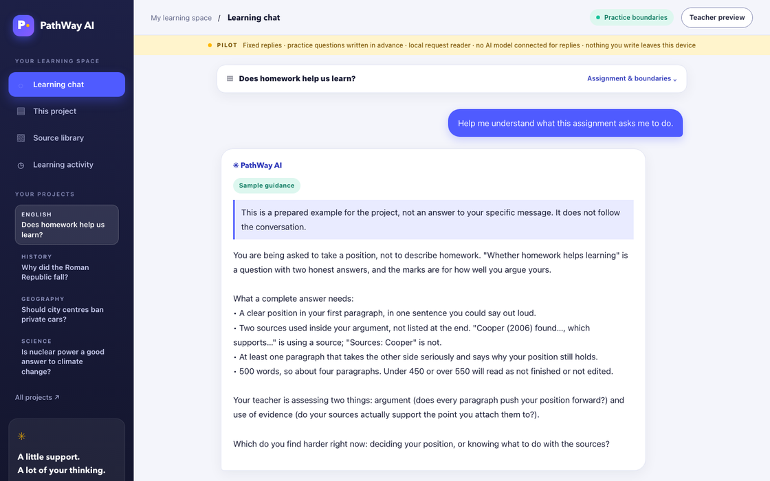 The PathWay AI learning chat after a student asks for help understanding a homework assignment. A banner across the top reads that replies are fixed, practice questions are written in advance, no AI model is connected for replies and nothing written leaves the device. The reply is marked Sample guidance and begins by saying it is a prepared example, not an answer to the specific message.